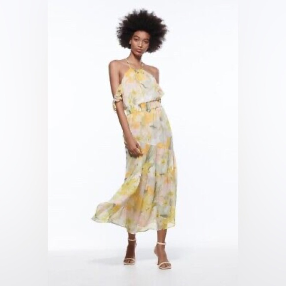 Zara Metallic Thread Floral Print Ruffle Dress NWT Size XL - Picture 6 of 16